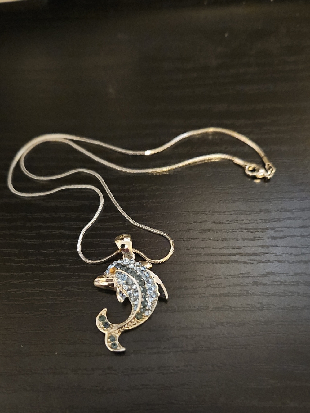 Silver Dolphin Pendant Necklace with Blue Crystals - Women Jewelry. Chain 16in